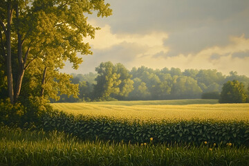 Scenic golden field landscape with trees and cloudy sky panorama