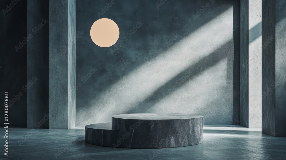 Poster minimalist interior design featuring circular platform and soft sunlight streaming through the windo