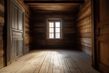 Fototapeta premium Dark brown wooden wall and floor background with copy space