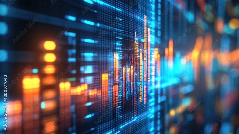 Poster abstract representation of digital data flow with vibrant colors and glowing lines in a tech environ