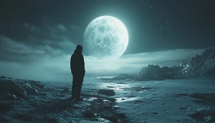 A solitary figure stands before a giant moon in the night