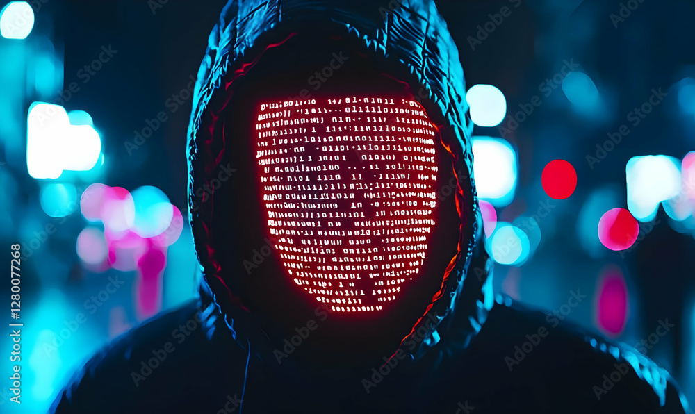 Poster cyber intrusion, a skilled hacker analyzes complex code, illuminated by an array of screens, immerse