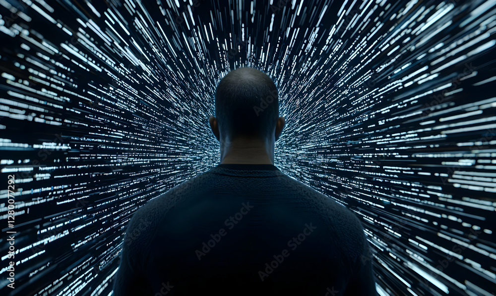 Poster cyber intrusion, a hacker immersed in complex code, screens filled with data, illuminated by the glo