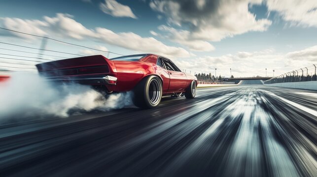 Drag racing car tearing down the track. Featuring excitement and high speed