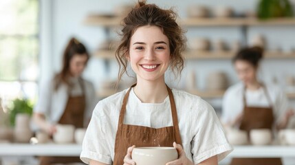 Smiling Female Potter Holding Bowl in Creative Artisan Studio