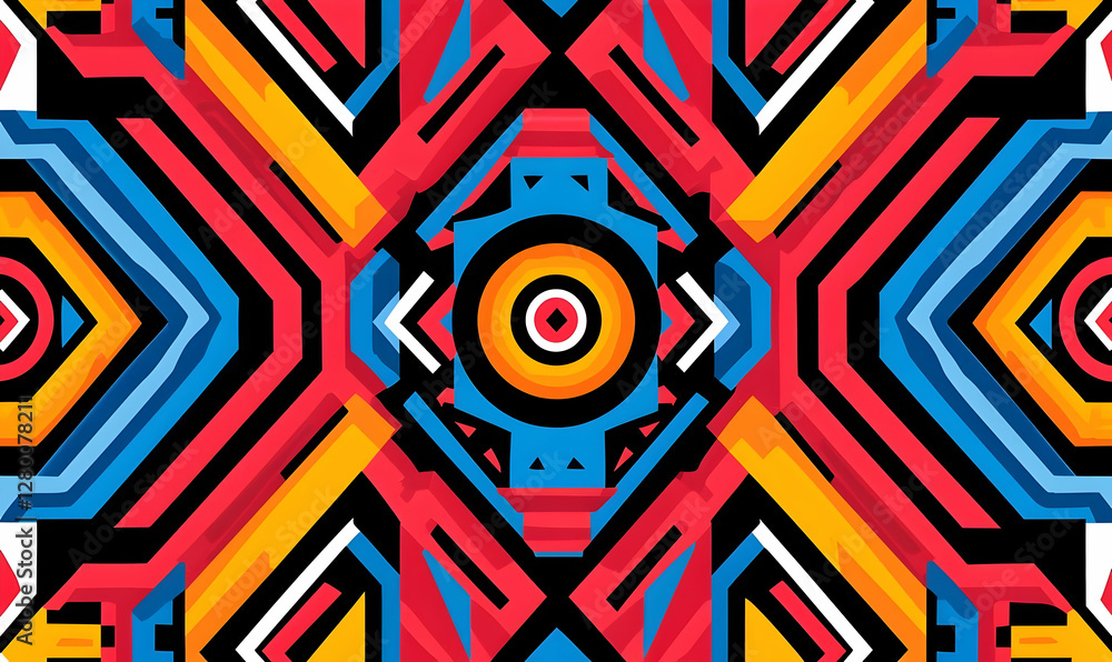 Poster geometric harmony, an intricate design featuring interlocking shapes and vibrant colors, creating a 