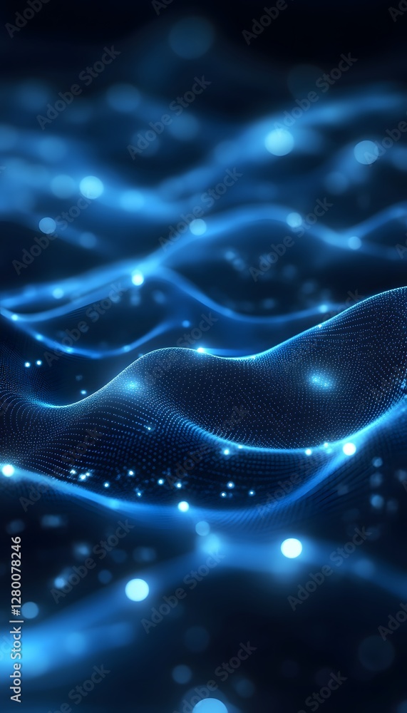 Poster abstract blue waves of light with glowing particle points