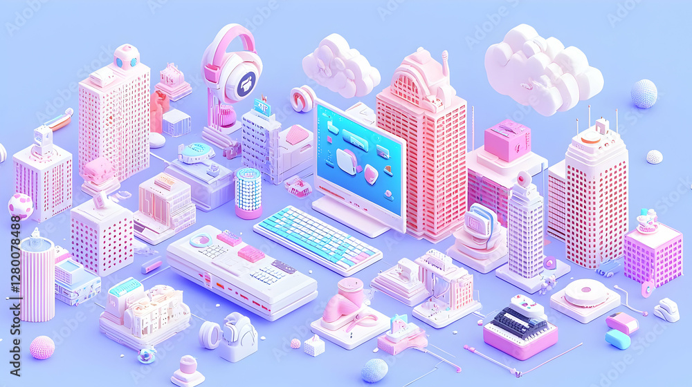 Poster vibrant graphic design showcasing diverse categories, featuring bold colors and dynamic shapes, enga