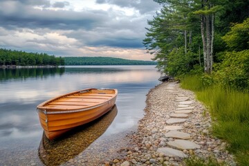 Fototapeta premium Serene Scene of an Orange Rowboat on a Tranquil Lake Shore Surrounded by Lush Green Trees Under a Cloudy Sky at Dusk