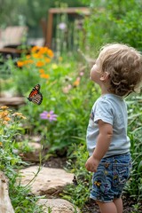  A toddler curiously watches a butterfly land on a flower in the garden