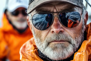 Focused Fisherman in Sunglasses with Intense Expression, Sporting Orange Rain Gear, Framed by Calm Ocean Waters and Other Fisherman in Background