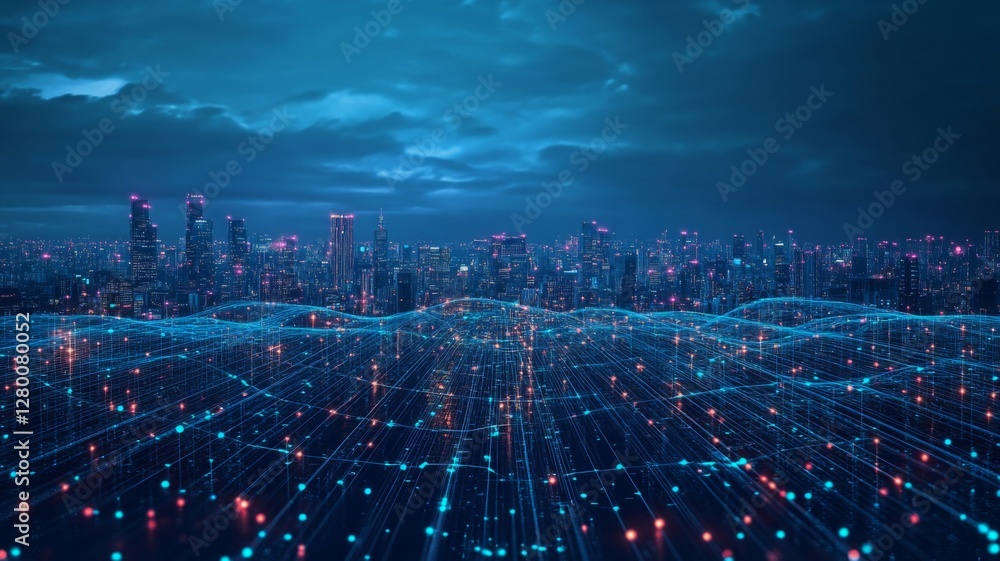 Poster conceptual representation of a futuristic city skyline at night illuminated by digital networks and 
