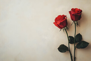 Romantic Two Red Roses on Light Background for Valentine's Day Card