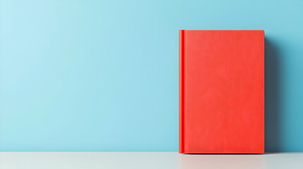 Red book mockup with a blank cover, standing upright, showcasing a minimalist design for potential title or branding applications.