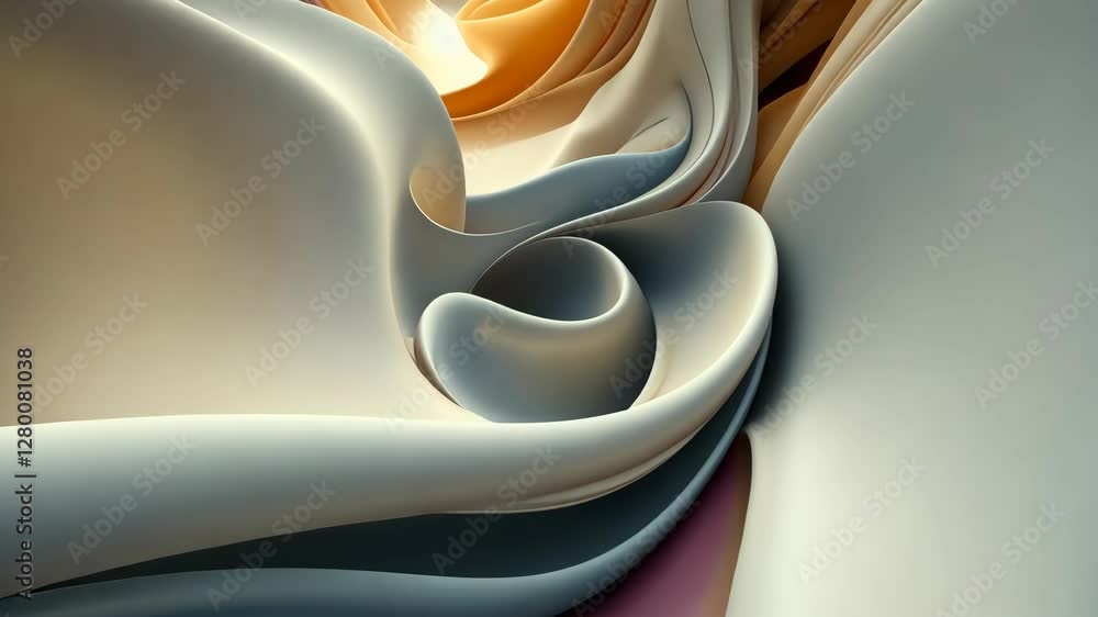 Poster dynamic flow of abstract swirling curves in soft, warm tones creating a serene and hypnotic visual j