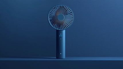 Sleek blue handheld fan on a dark blue surface.