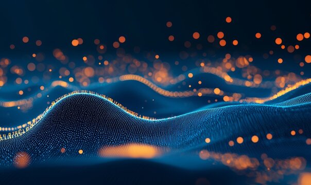 Blue digital binary code background with glowing lights and bokeh effect, creating an atmosphere of futuristic technology and data science.
