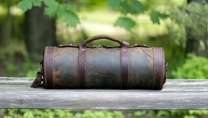 Vintage Brown Leather Duffle Bag on a Wooden Surface with Green Nature Background for Travel and Adventure Enthusiasts