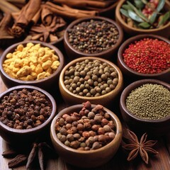 Assorted spices in wooden bowls displaying colorful aromatic diversity