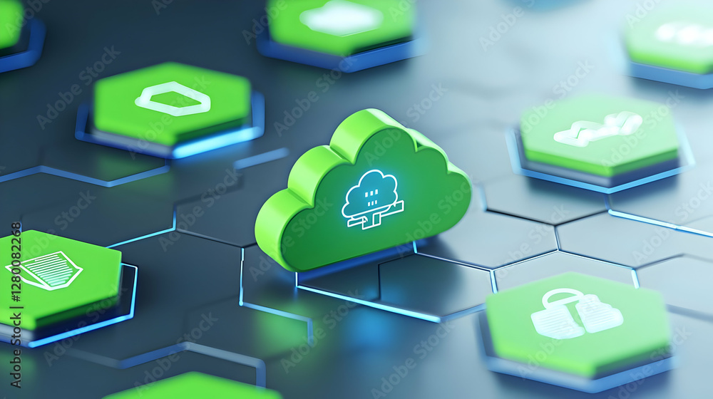 Poster abstract visualization of cloud computing, featuring interconnected data nodes, vibrant colors, and 
