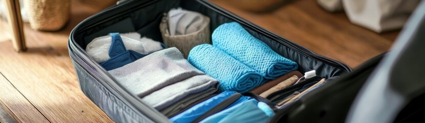 Neatly Organized Travel Luggage with Towels, Clothing, and Accessories on Wooden Floor, Ideal for Packing Inspiration and Travel Preparation Tips
