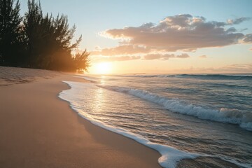 Tranquil Sunset Beach Scene Golden Sand, Gentle Waves, and Soft Light