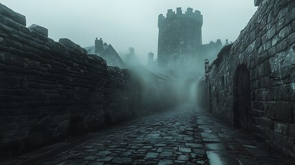 Atmospheric landscape foggy night at the ancient castle pathway