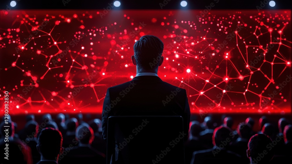 Poster Futuristic Conference Scene with Audience Watching Digital Presentation in Red Lighting and Network Connections Displayed on Large Screen