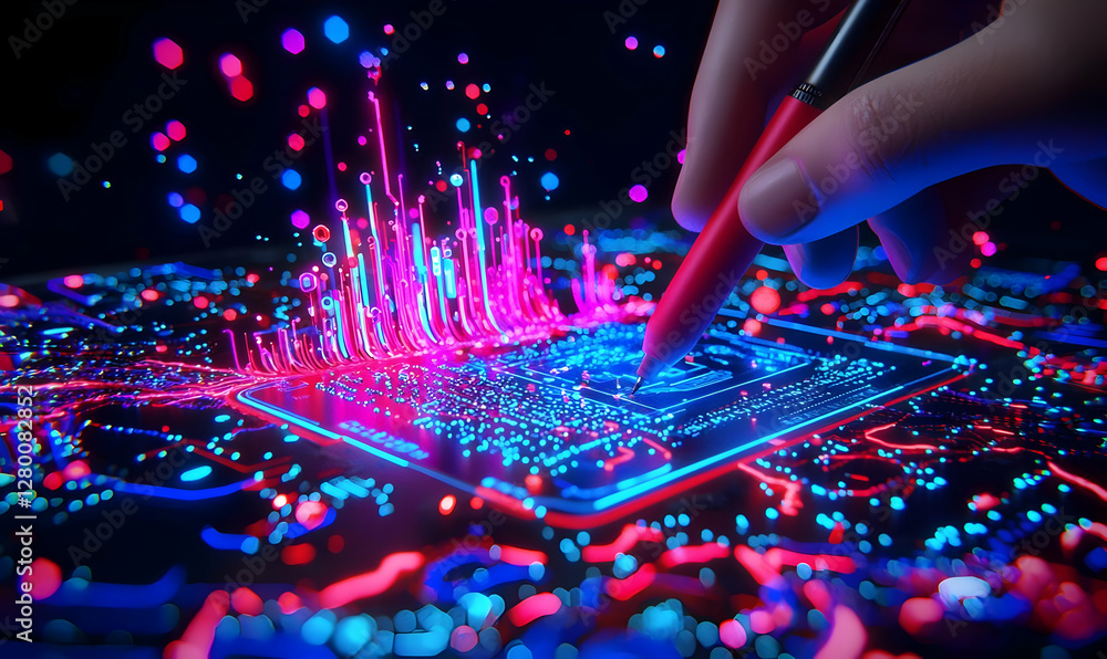 Poster futuristic ai circuitry, an intricate network of glowing circuits and digital elements symbolizing a