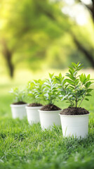 Fototapeta premium Three potted plants are lined up on a grassy field