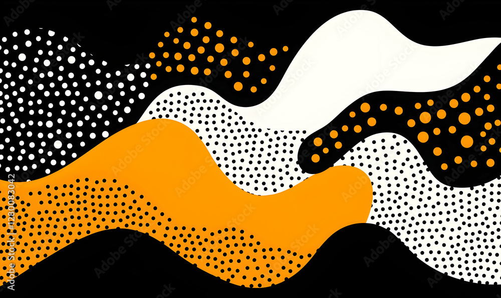 Poster fluid geometry, an intricate interplay of blini shapes and vibrant patterns, creating a captivating 