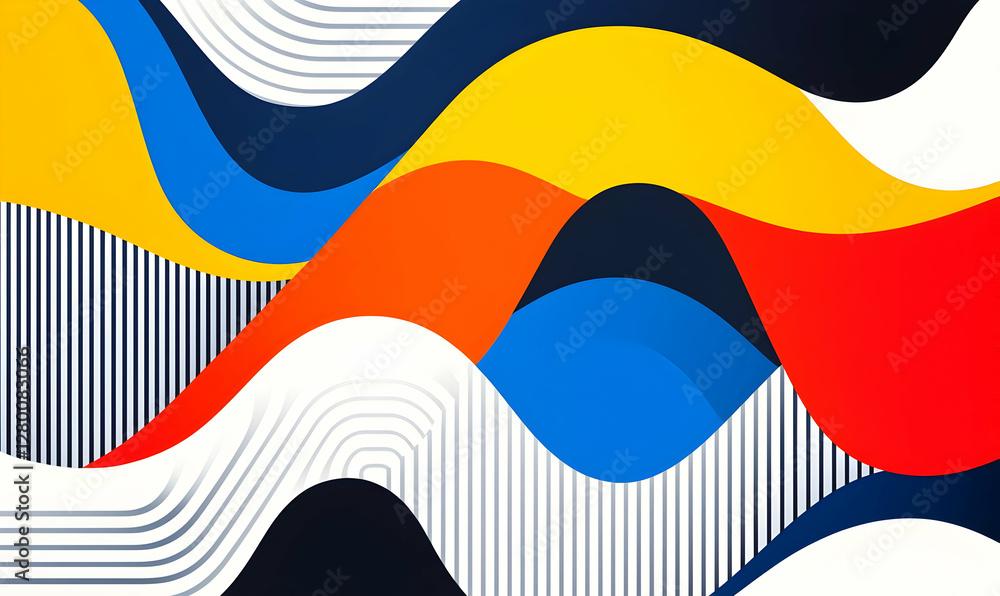 Poster abstract composition featuring vibrant blini shapes and intricate patterns, creating a visually enga