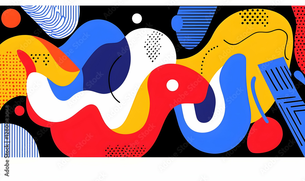 Poster abstract harmony, a vibrant composition featuring intricate blini shapes and dynamic patterns, showc