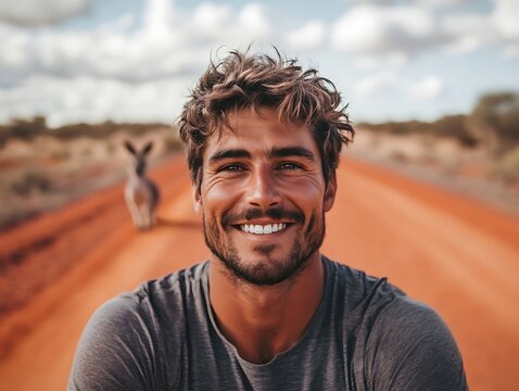 Smiling man with kangaroo on dusty road outback australia portrait natural