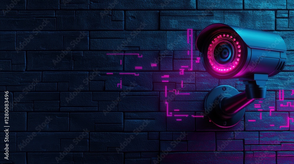Poster futuristic neon surveillance camera on textured wall with digital display elements for modern securi