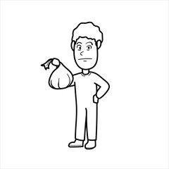 illustration of man or garbage man holding trash,cartoon,black and white,good for your visual elements,vector format