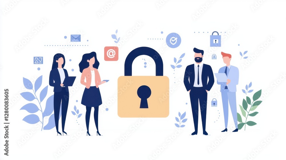 Poster business team discussing cybersecurity concepts with digital padlock and abstract technology graphic