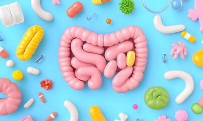 Probiotics in Action, vibrant illustration showcasing beneficial bacteria interacting with gut flora, promoting digestive health and balance.