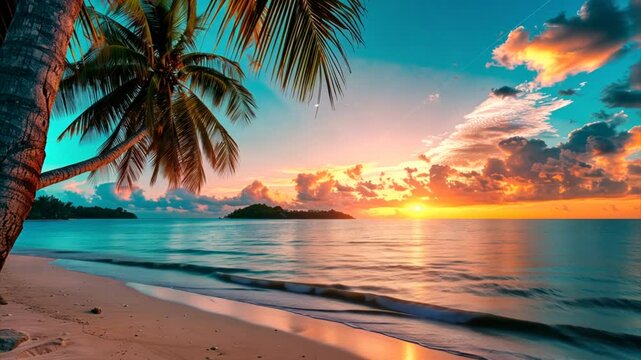 Tropical beach with turquoise water in ocean at sunset. Paradise island on summer day. Trip, travel and vacation theme