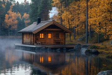 Fototapeta premium Cozy wooden cabin reflecting on a calm lake in autumn forest at dawn
