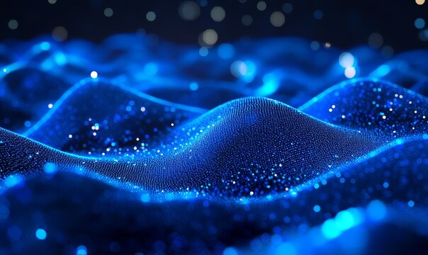 Blue, glowing data stream with binary code and particles of light on a dark background