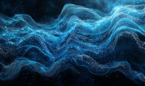 Blue, glowing data stream with binary code and particles of light on a dark background
