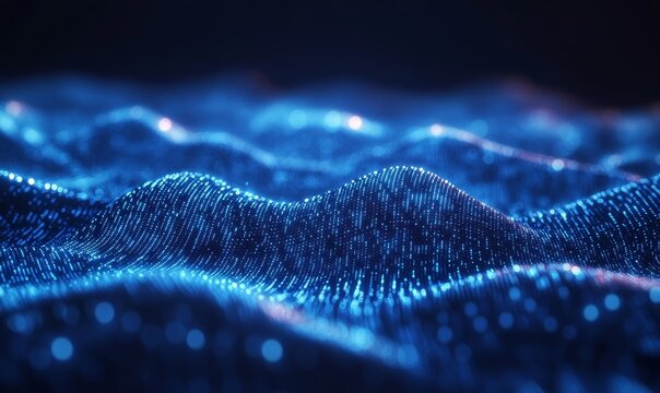 Blue, glowing data stream with binary code and particles of light on a dark background