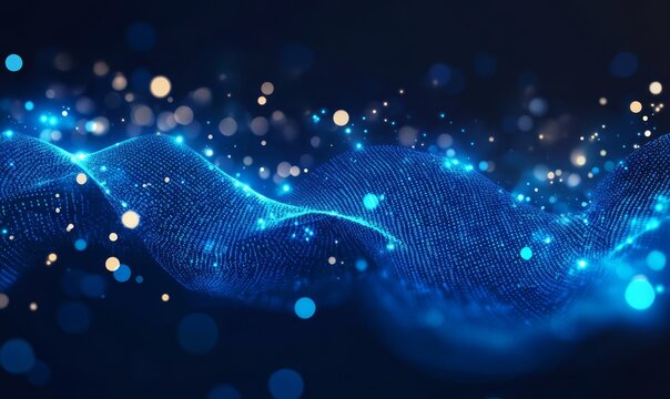 Blue, glowing data stream with binary code and particles of light on a dark background