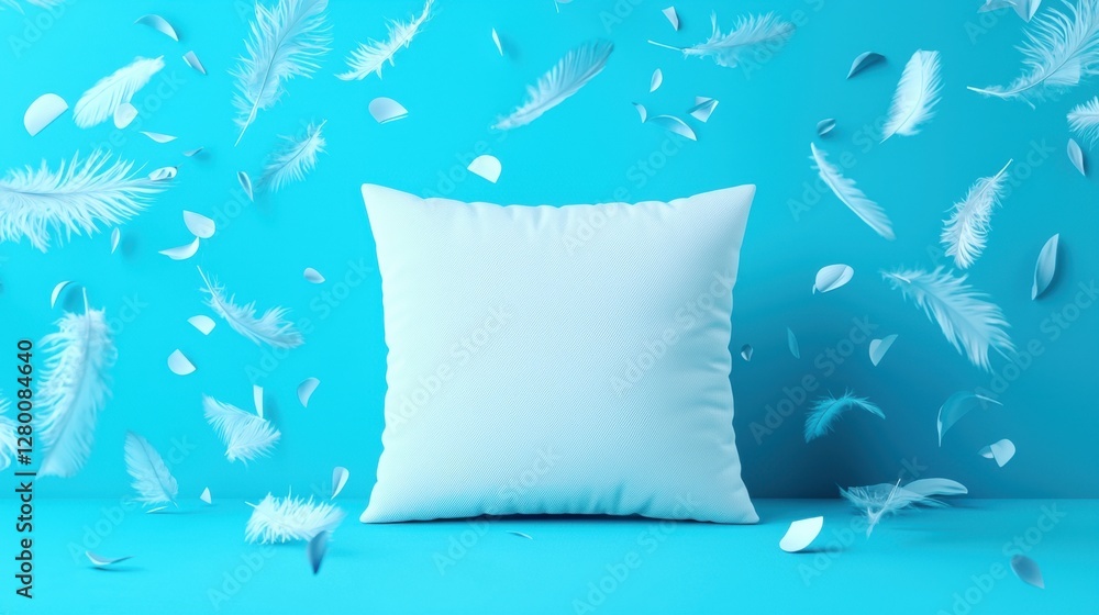 Poster soft white pillow on a vibrant blue background surrounded by floating feathers creating a calming an