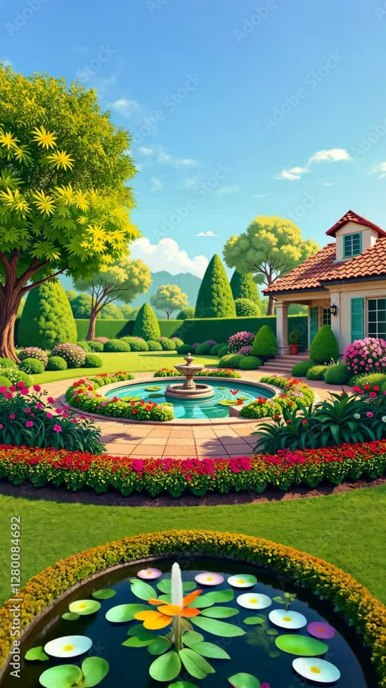 Aufkleber a garden with a fountain in the middle. the fountain is surrounded by flowers. there are also bushes