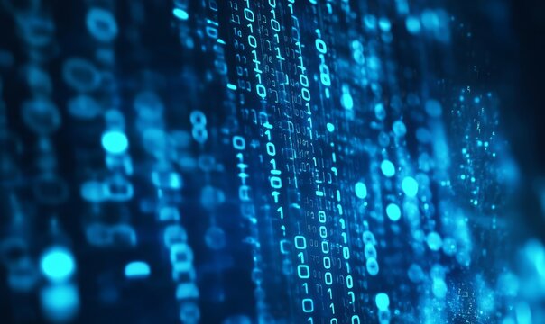 Blue, glowing data stream with binary code and particles of light on a dark background