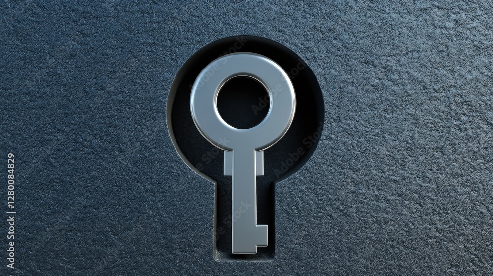 Poster close-up view of a metallic keyhole embedded in a textured dark surface, symbolizing security