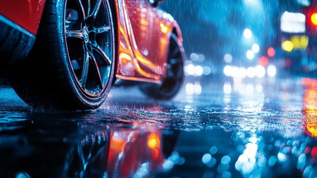Drag racing car weaving through a rain-slicked city street. Featuring control and precision