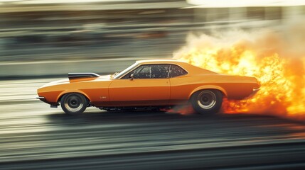 Obraz premium Drag racing car with a burst of exhaust flames during acceleration. Featuring excitement and intensity
